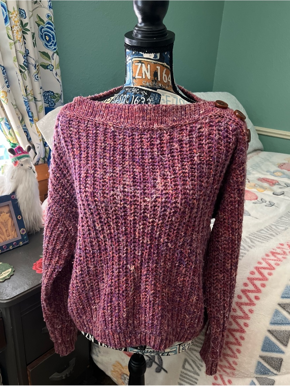 J. Crew Heathered Plum Off-the-Shoulder Sweater with Button Detail